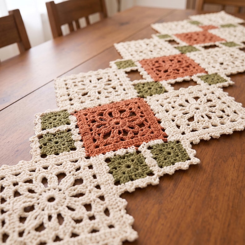 May include: A rectangular crochet table runner featuring a repeating pattern of square motifs in cream, terracotta orange, and olive green. The design consists of large, intricate floral-style cream squares interspersed with smaller solid-coloured squares.