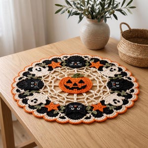 Może przedstawiać: Okrągła, szydełkowana serwetka z motywem Halloween, z centralnie umieszczoną pomarańczową dynią otoczoną wzorem pajęczyny z kremowej włóczki. Brzeg zdobią naprzemiennie czarne głowy kotów, białe duszki i małe pomarańczowe gwiazdki z obwódką.