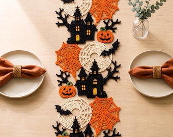 Halloween-Tischläufer-Häkelanleitung (PDF), Spukhaus-Spitzendeko, Kürbis-Häkeln