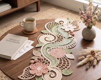 Botanical Spiral Crochet Table Runner Pattern PDF, Floral Lace Cottagecore Crochet