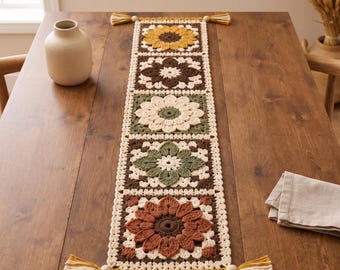 Herbstliche Häkelanleitung für einen Tischläufer, erhabene Blumenquadrate im Oma-Stil, Boho-Landhaus-Dekoration (PDF)