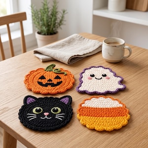 May include: Four crocheted coasters featuring Halloween designs: an orange pumpkin with a green stem, a white ghost with purple trim, a black cat with green eyes and pink nose, and a candy corn pattern with white, orange, and yellow stripes.