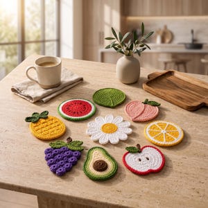 Crochet Fruit Coaster Pattern Bundle, 9 Designs, Cottagecore Kitchen Decor, Instant PDF
