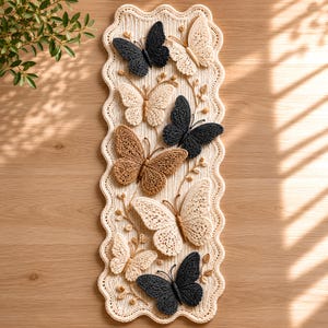 Peut inclure: Un chemin de table rectangulaire en crochet couleur crème avec un bord festonné, orné d'applications de papillons en trois dimensions en fil noir, beige et crème, agrémenté de petits détails de vignes et de perles en crochet.