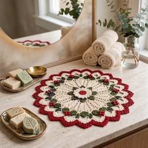 Holly Berry Crochet Doily Pattern PDF, Christmas Lace Table Centerpiece, Floral Holiday Decor