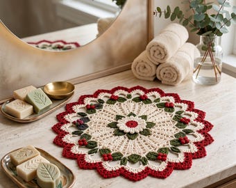 Holly Berry Crochet Doily Pattern PDF, Christmas Lace Table Centerpiece, Floral Holiday Decor