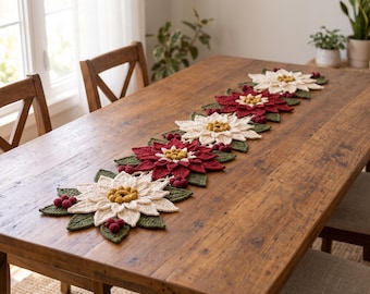 Weihnachtsstern-Tischläufer-Häkelanleitung (PDF), weihnachtliches Blumengesteck, festliche Tischdekoration, burgunderrotes und elfenbeinfarbenes botanisches Design