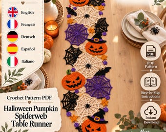 Halloween-Tischläufer-Häkelanleitung (PDF), Kürbis-Spinnennetz-Hexenhut-Gothic-Dekor, 5 Sprachen