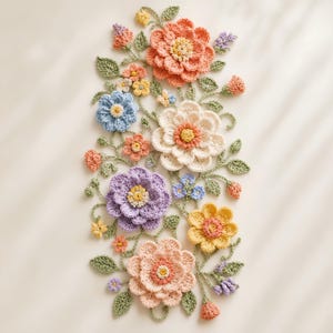 May include: A vertical arrangement of crocheted flowers in shades of coral, cream, lavender, light blue, and yellow. The design features layered petals, small buds, and green crocheted leaves connected by thin stems, creating a floral pattern.