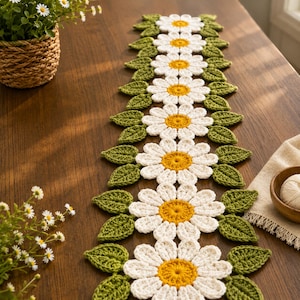 Mönster för virkad bordslöpare i PDF-format, vårdekor för lantlig stil, nybörjareffekt med blommönster