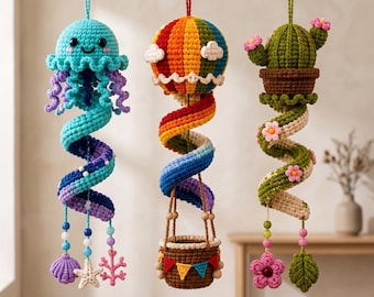 Crochet Wind Spinner Pattern Bundle: Jellyfish, Hot Air Balloon, Cactus Decor (PDF)