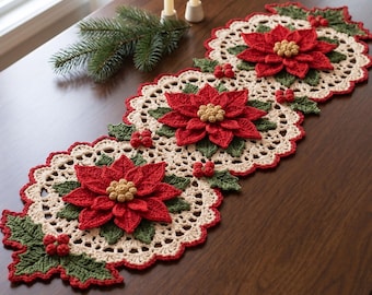 Christmas Poinsettia Runner Crochet Pattern, Heirloom Holly Medallion Lace PDF