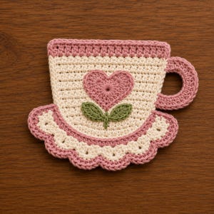 May include: A crocheted coaster shaped like a teacup in cream, dusty pink, and sage green. The cup features a central pink heart motif with two green leaves, a pink scalloped base, a pink rim, and a pink handle on the right side.