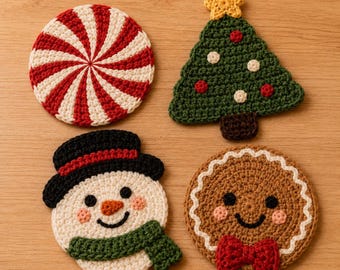 Weihnachts-Untersetzer-Häkelanleitung (PDF), Lebkuchen-Set mit Pfefferminzbaum, Schneemann und Schneemann