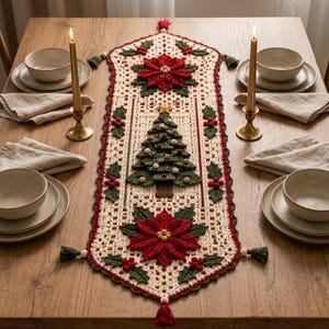 May include: A cream-colored crocheted table runner featuring a central green Christmas tree motif, red poinsettia flowers at both ends, and green holly leaf accents. The runner is finished with small green tassels and a decorative red border.
