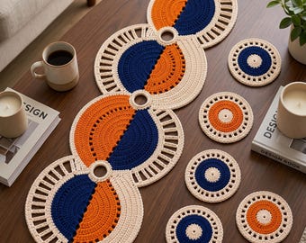 Modern Crochet Table Runner Pattern PDF, Geometric Circle Coaster Pattern