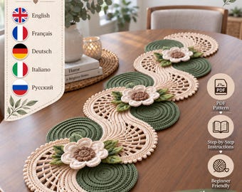 May include: A crochet table runner featuring a wavy design with alternating cream and dark green circular motifs, accented by three-dimensional cream flowers with brown centres and green leaves, presented as a digital PDF pattern.