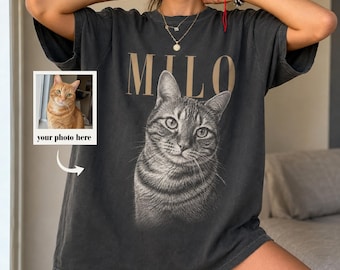Custom Cat Photo Shirt, Personalized Cat Name Tee, Vintage Bootleg Cat Portrait, Comfort Colors 1717 Cat Mom Gift