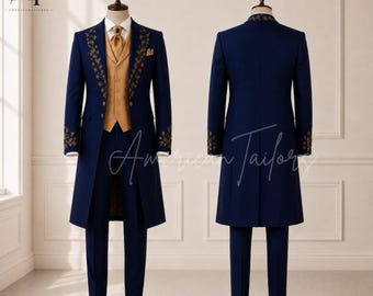 Men's Navy Blue Victorian Suit, Tailcoat Tuxedo, Embroidered Groom Suit, Wedding Tailcoat, Regency Formal Suit, Custom Made