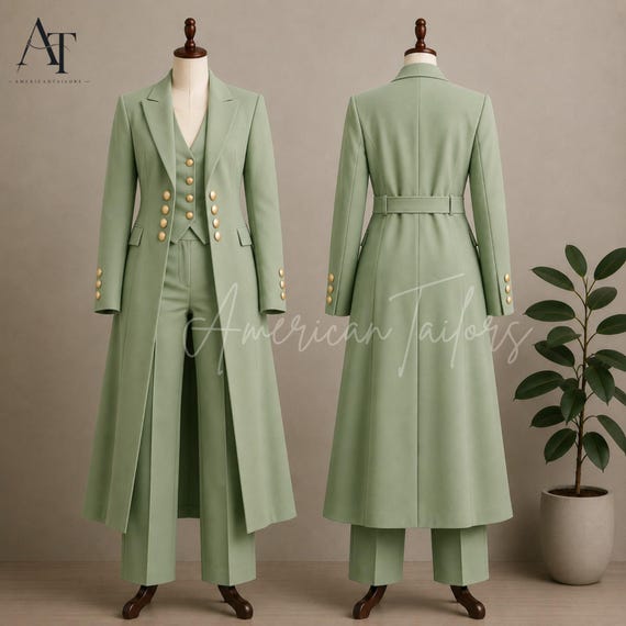 Women's Sage Green Long Coat Pant Suit, 3 Piece Formal Pantsuit, Wedding Guest Outfit, Office Blazer Set, Custom Tailored Suit
