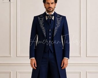 Men's Navy Victorian Tailcoat Suit, Embroidered Regency Wedding Suit, Gothic Groom Tuxedo, Formal Blue Three Piece Suit, Custom Made