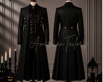 Queue-de-pie en brocart noir pour homme, manteau gothique victorien, costume de cérémonie Régence, costume d'Halloween, cosplay de prince vampire, tenue de marié