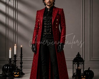 Terno gótico vermelho masculino, casaco de casamento vitoriano, fantasia de vampiro para o Halloween, casaca de príncipe da Regência, roupa de cosplay steampunk