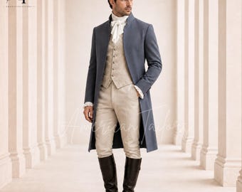 Abito da uomo blu in stile Regency, cappotto da sposo vittoriano, completo da gentiluomo coloniale, abito formale storico, completo su misura