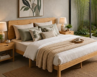 Bamboo  Bed Frame with Headboard, Solid Wood Platform Bed, Heavy Duty Metal Slats, No Box Spring Needed