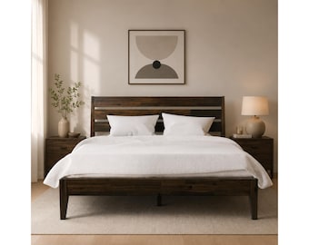 Bed Frame Solid Wood Platform Bed with Headboard, Mid Century Modern Acacia Wood Bed Frame, Non Slip Mattress Support, No Box Spring Need