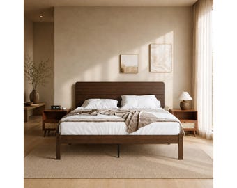 Solid Bamboo  Bed Frame with Headboard, Solid Wood Platform Bed, Heavy Duty Metal Slats, No Box Spring Needed