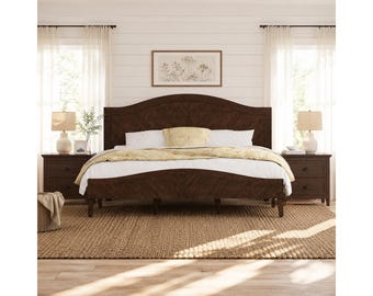 Wood Bed Frame with Adjustable Headboard, Mid Century Modern Platform Bed, Solid Rubberwood Bed, Heavy Duty Bed Frame, Dark Walnut