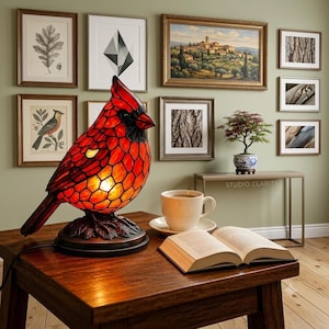 Stained Glass Cardinal Lamp | Red Bird Night Light, Nature Decor