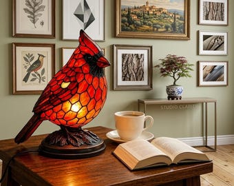 Stained Glass Cardinal Lamp | Red Bird Night Light, Nature Decor