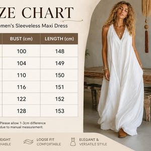 May include: A size chart for a sleeveless maxi dress with a table listing sizes S through 3XL, bust measurements from 100 to 128 cm, and lengths from 148 to 153 cm. The image displays a white sleeveless maxi dress and five color variations.