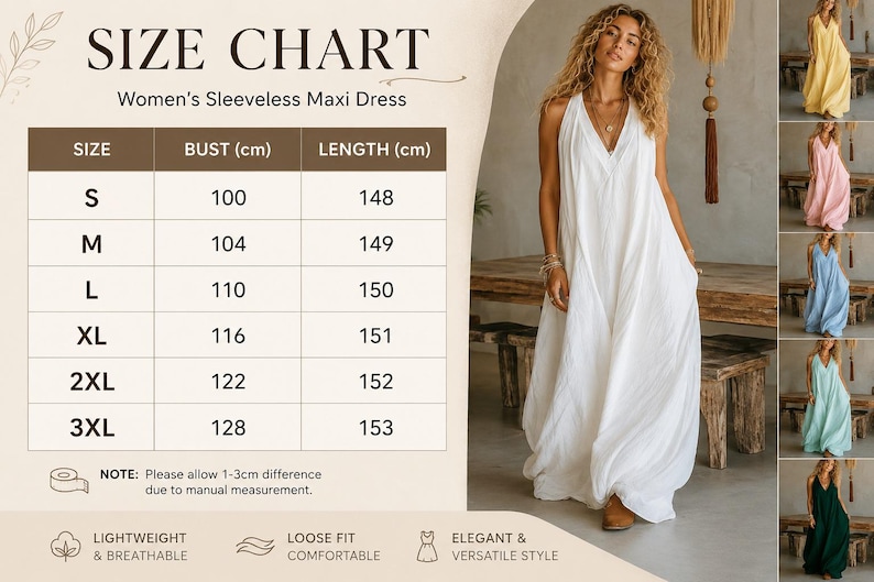 May include: A size chart for a sleeveless maxi dress with a table listing sizes S through 3XL, bust measurements from 100 to 128 cm, and lengths from 148 to 153 cm. The image displays a white sleeveless maxi dress and five color variations.
