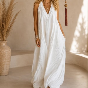 Women Sleeveless Loose Maxi Jumpsuit, Cotton Blend Pocket Romper, Boho Oversized Summer Outfit White