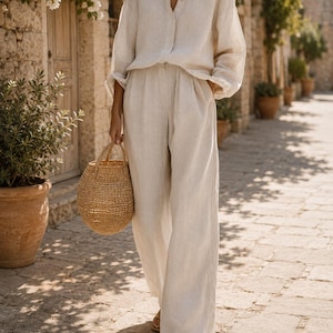 Women's Cotton Linen Two Piece Set,Down Shirt & Wide Leg Pants
