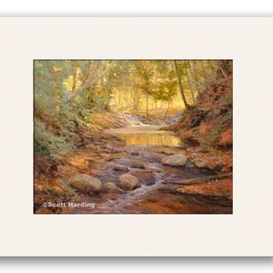 May include: A painting of a stream flowing through a forest. The water is clear and the rocks are brown. The trees are green and yellow. The light is soft and warm. &copy;Scott Harding