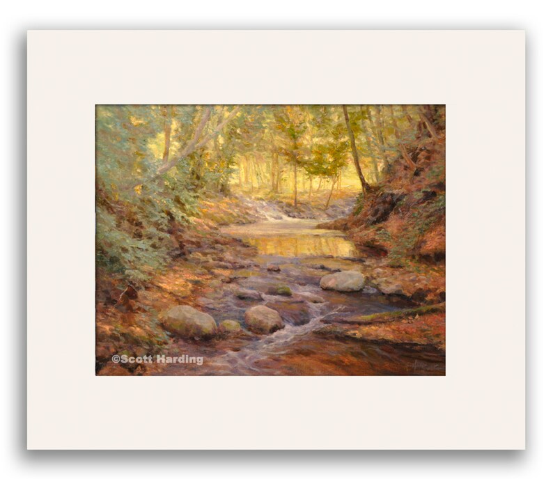 May include: A painting of a stream flowing through a forest. The water is clear and the rocks are brown. The trees are green and yellow. The light is soft and warm. &copy;Scott Harding