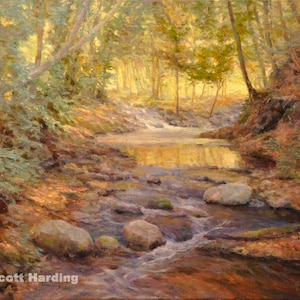 May include: A painting of a forest stream with a golden glow. The stream flows through a rocky bed and is surrounded by lush green trees. The sunlight filters through the leaves, creating a dappled effect on the water. The painting is signed "Scott Harding" in the lower left corner.