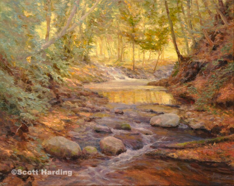 May include: A painting of a forest stream with a golden glow. The stream flows through a rocky bed and is surrounded by lush green trees. The sunlight filters through the leaves, creating a dappled effect on the water. The painting is signed "Scott Harding" in the lower left corner.