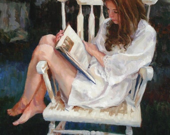 Vintage - 14 x 11 Matted Print - of original painting by Scott Harding of female figure in white negligee reading book in antique chair