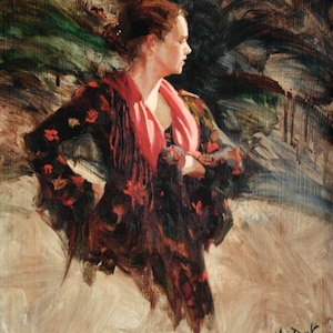 Julia - 14 x 11 Matted Print - of original painting by Scott Harding of female flamenco dancer w/ red scarf and abstract background