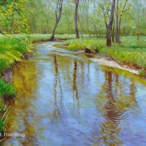 West Branch - 11 x 14&quot; Matted Print - of original painting by Scott Harding of river flowing through lightly wooded landscape w/ reflections