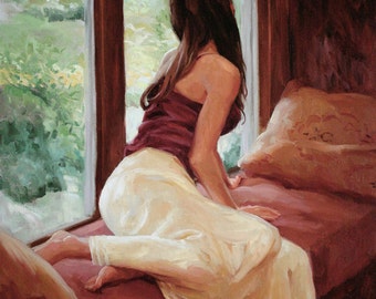 Waiting - 14 x 11 Matted Print - of original painting by Scott Harding of female figure in skirt & blouse looking out a window seat