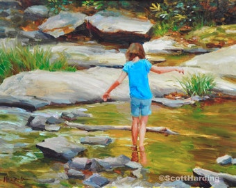 Crossing Creek - 11 x 14 Matted Print - of original painting by Scott Harding of girl figure wading thru reflective river in rocky landscape