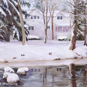 Winter Sojourn - 11 x 14 Matted Print - of original painting by Scott Harding of river landscape w/ ducks flying & a snow covered house