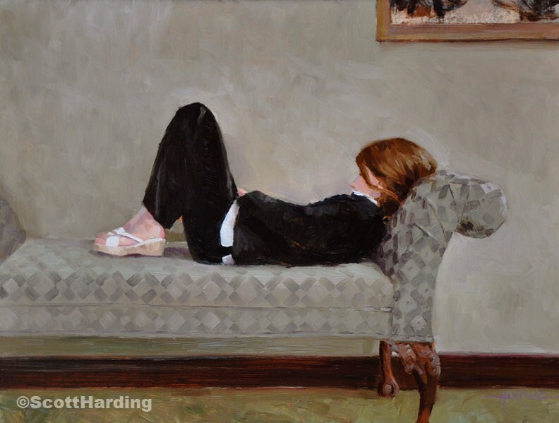Natalie - 11 x 14 Matted Print - of original painting by Scott Harding of girl in black outfit lying on grey divan, contemplating