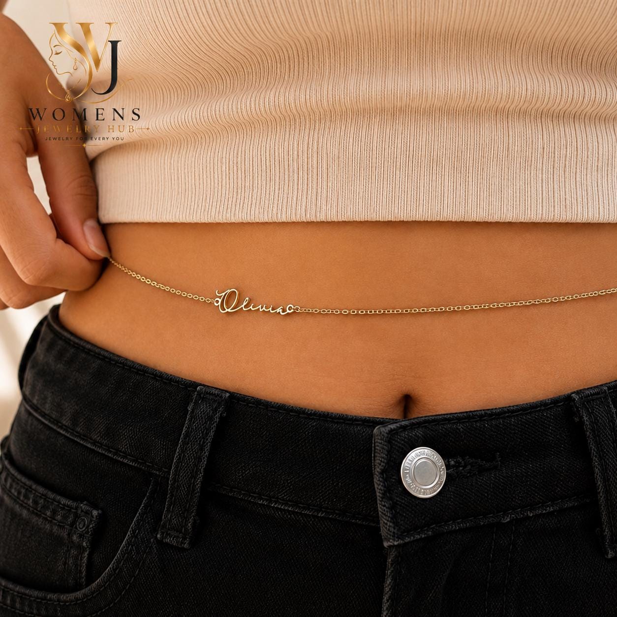 Personalized Name Waist Chain Custom Script Belly Jewelry, Gold Silver